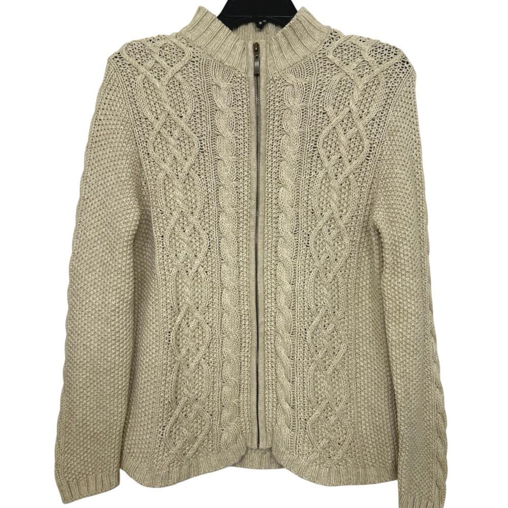 Leo Nicole Beige Cotton Cable Knit Zip Sweater Cardigan L Cottage Fisherman